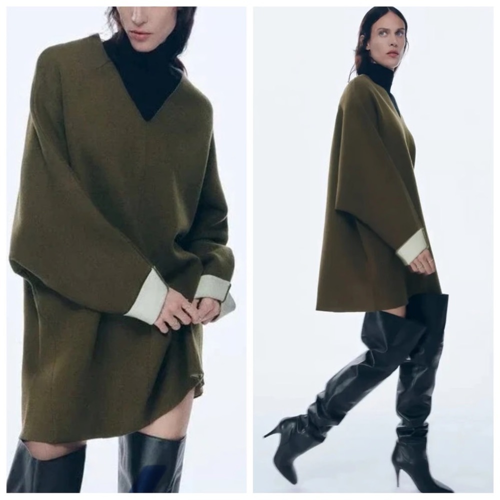 Zara Dark Green and Beige V-Neck Women's Oversize Sweater Dress - Large